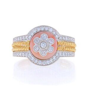 White Gold Coral & Diamond Flower Cluster Ring - 18k 0.55ctw Milgrain Rope
